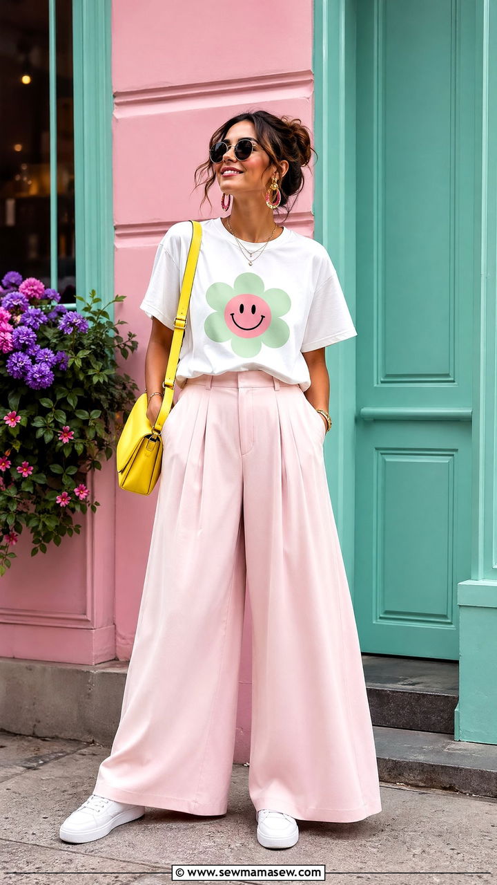 Graphic tee with wide leg pleated pants outfit - 35 spring comfy outfit ideas