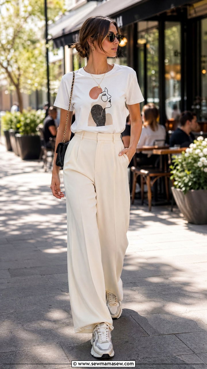 Graphic tee with wide leg trousers - 35 Weekend getaway outfit ideas