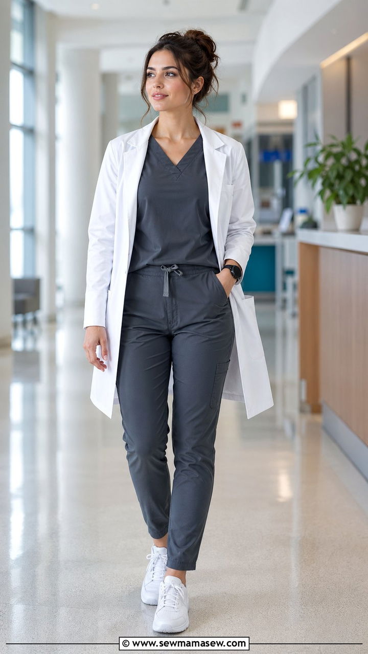 Graphite Scrubs with White Lab Coat - 35 Scrubs outfit ideas
