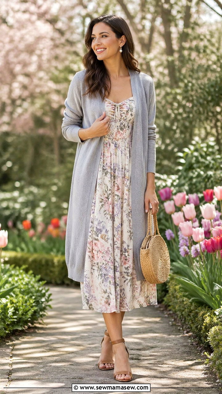 Gray Cardigan Over A Floral Midi Dress - 30 spring gray outfit ideas