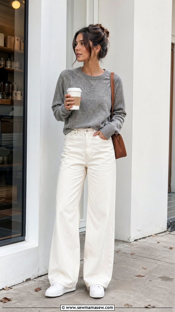 Gray Cashmere Crewneck Sweater With Ivory Wide Leg Jeans and Sneakers - 35 Clean girl casual outfit ideas