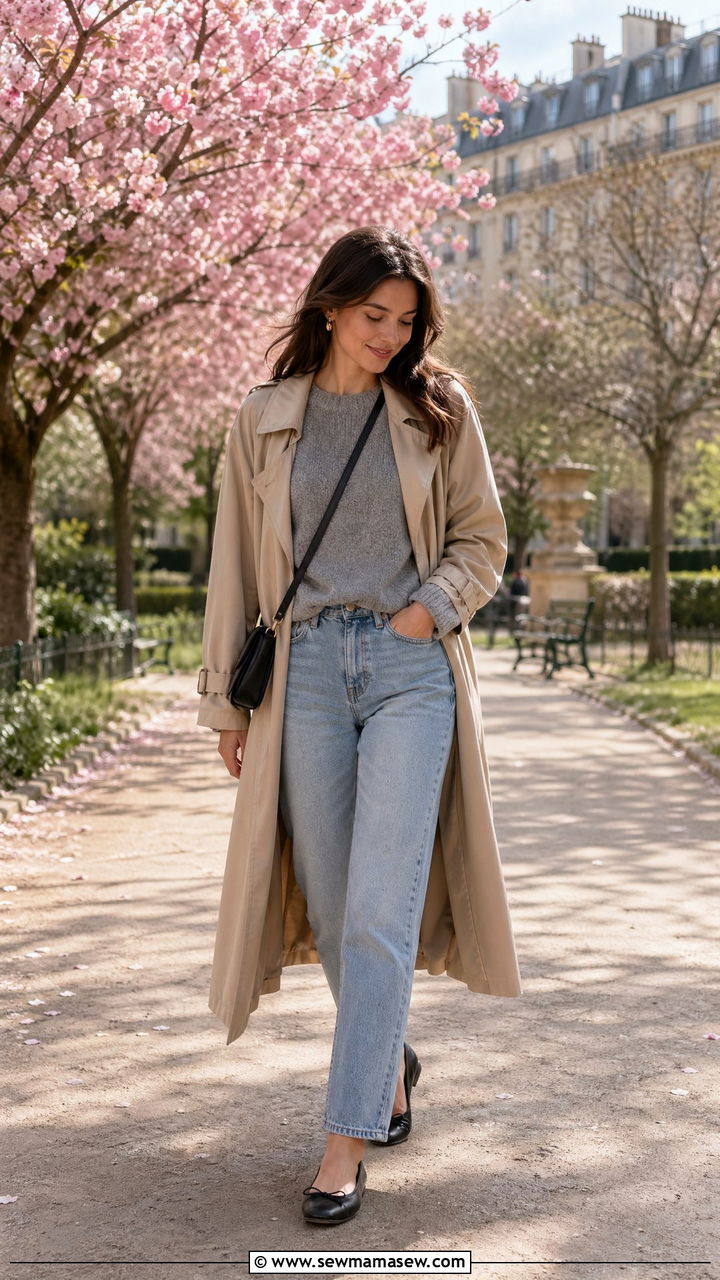 Gray Cashmere Sweater With Trench Coat And Ballet Flats - 35 spring parisian outfits