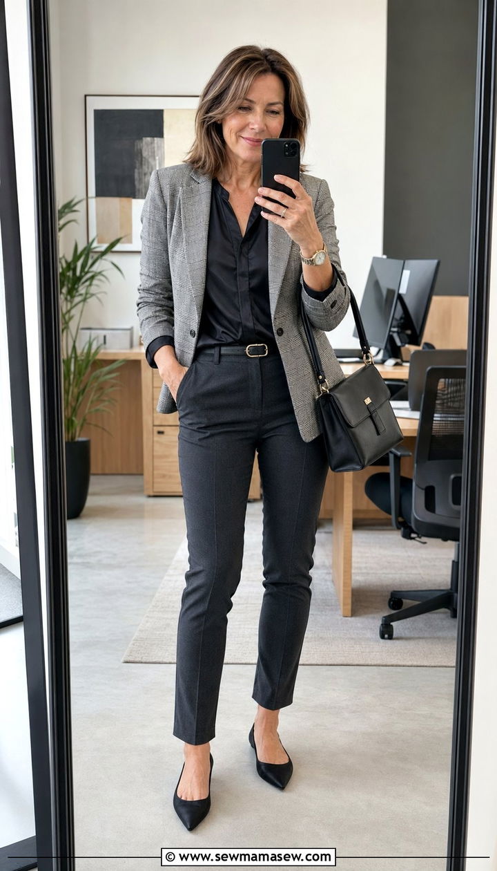 Gray Checkered Blazer With Charcoal Trousers And A Black Blouse - 30 Best blazers for women over 40