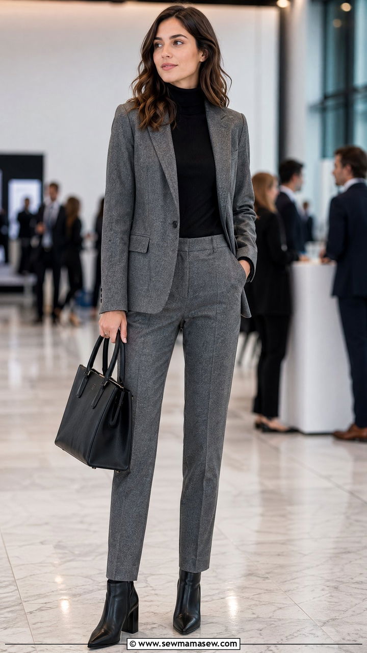 Gray Flannel Suit With Black Turtleneck - 35 Work conference outfit ideas