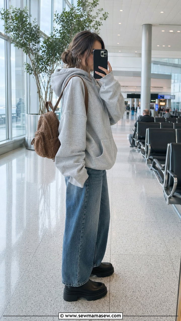 Gray Hoodie With Barrel Jeans And Chunky Ankle Boots - 30 airport outfits inspo