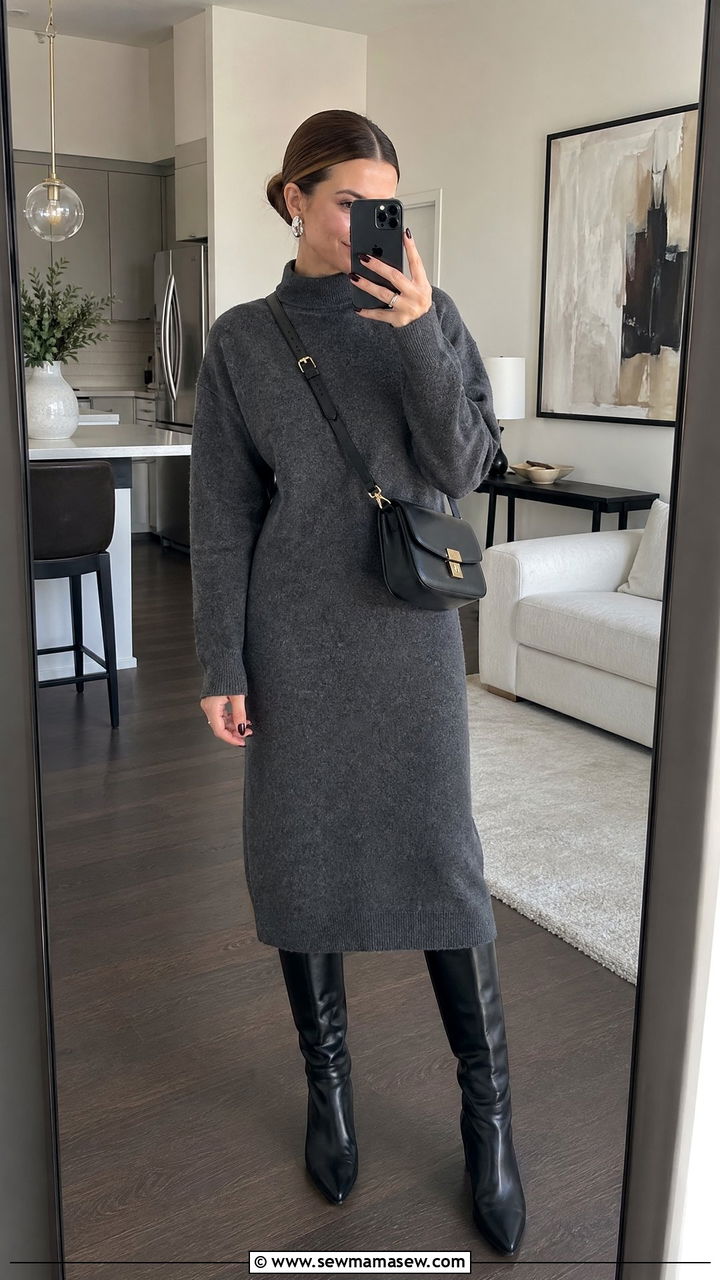 Gray Knit Dress With Knee High Boots - 35 Clean girl outfits 2026