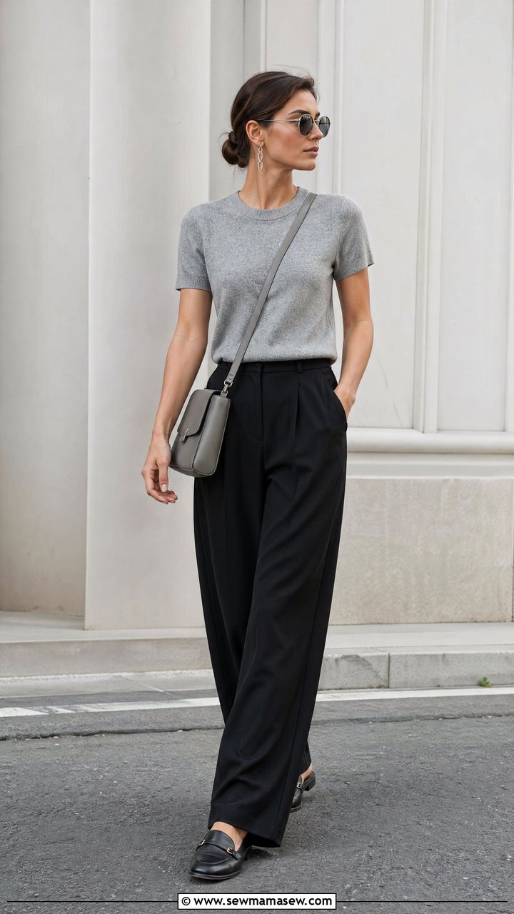Gray Knit T Shirt With Black Wide Leg Trousers - 35 Clean girl outfits 2026