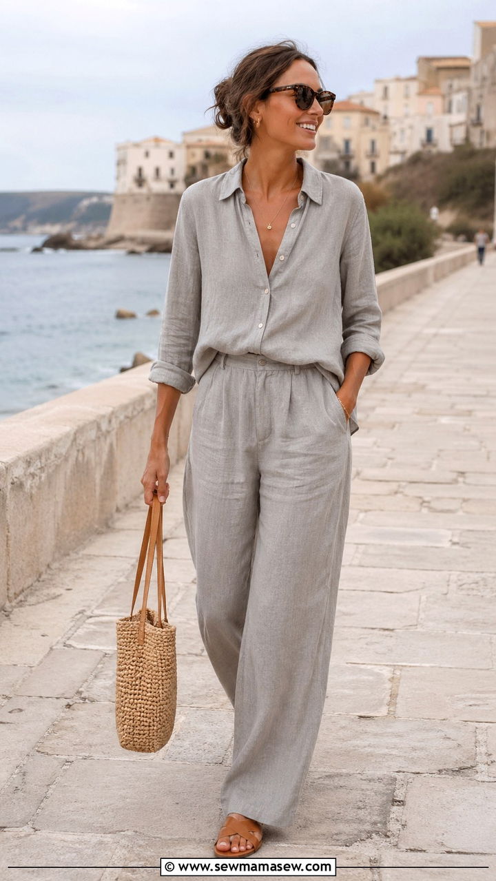 Gray Linen Button Down Shirt With Matching Trousers - 30 spring gray outfit ideas