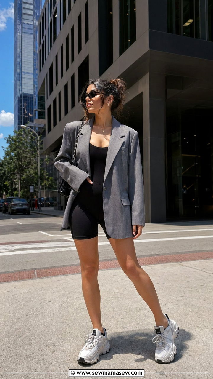 Gray Oversized Blazer with Biker Shorts Outfit - 30 Best blazers for petite women