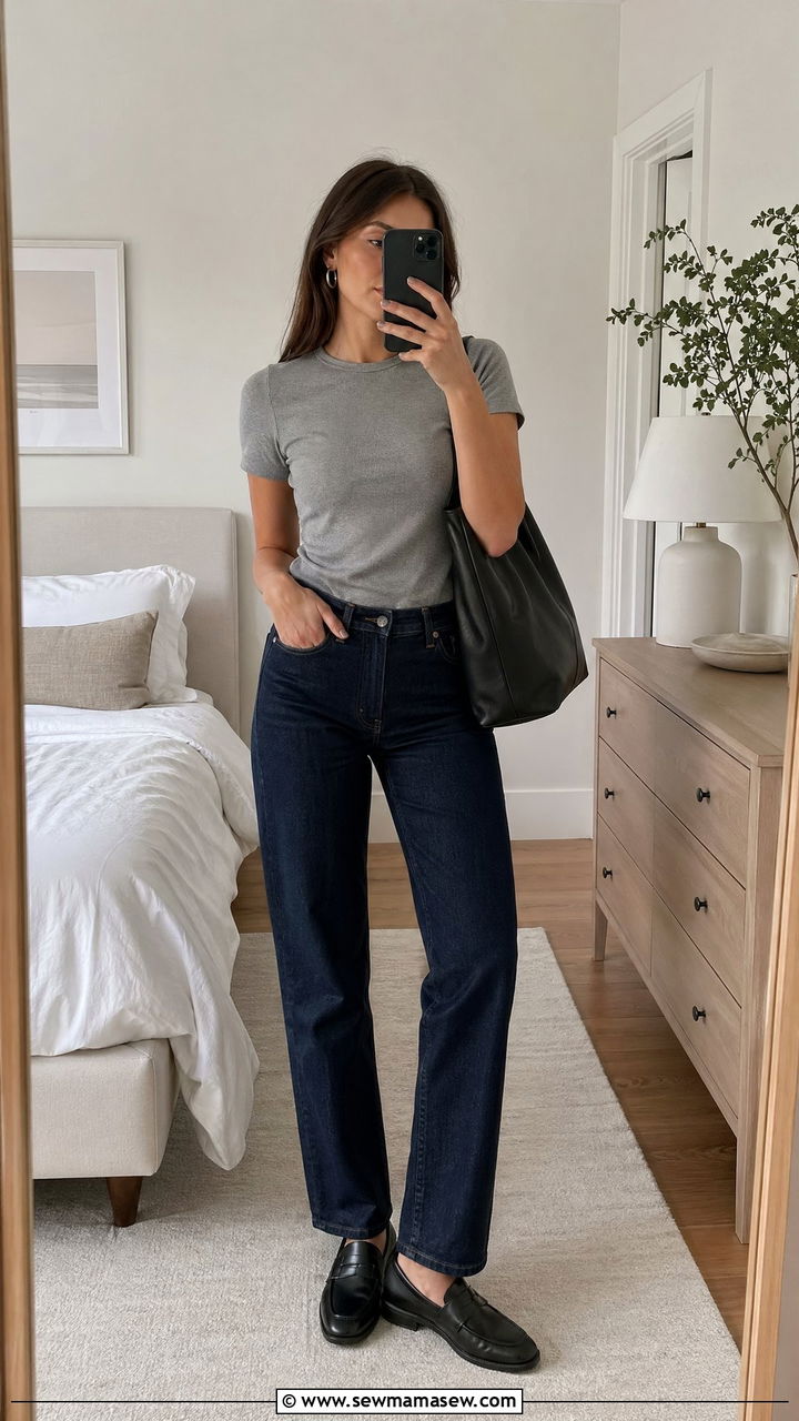 Gray Ribbed Tee With Clean Girl Straight Leg Jeans - 35 Clean girl outfits 2026