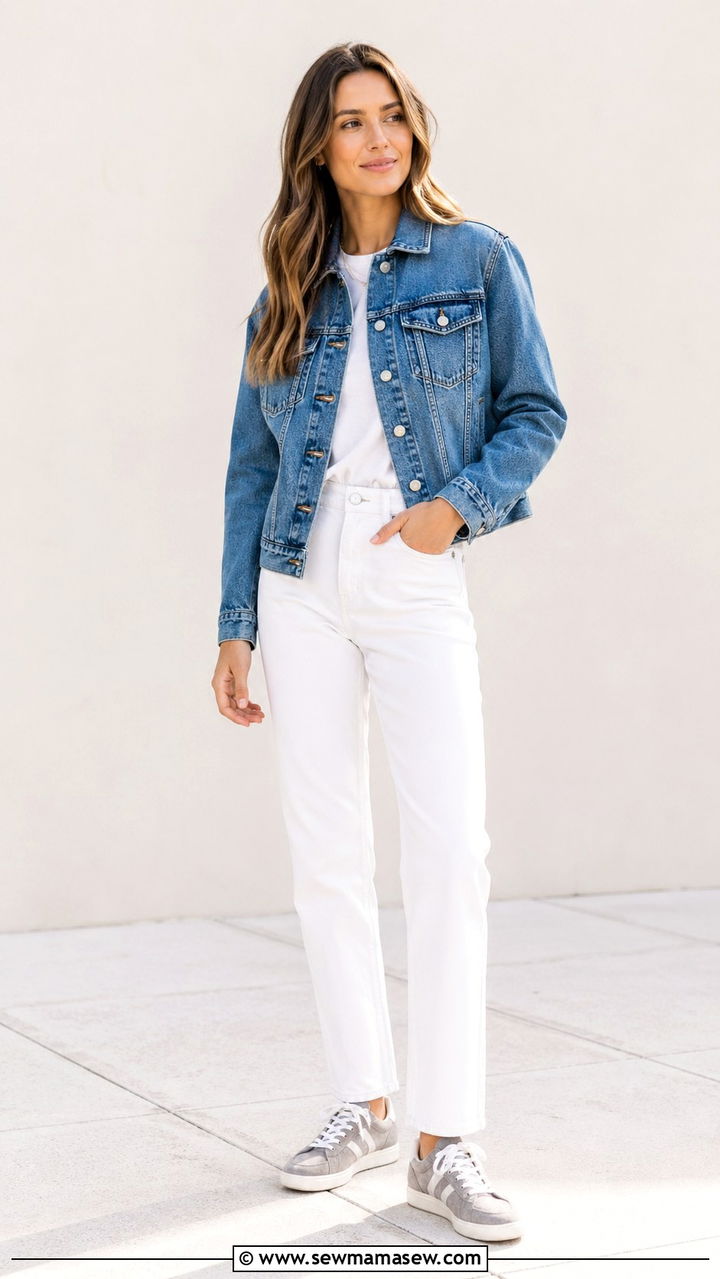 Gray Suede Sneakers With Denim Jacket - 30 sneaker outfit ideas for women