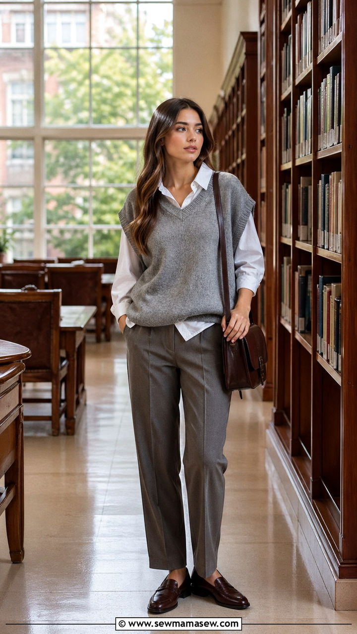 Gray Sweater Vest Over A White Collared Shirt - 30 spring gray outfit ideas