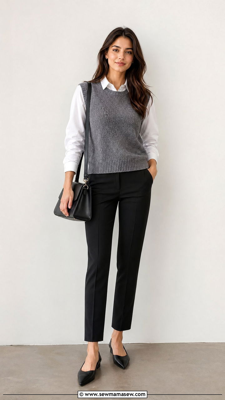 Gray Sweater Vest With Black Tailored Pants - 35 Spring job interview outfits