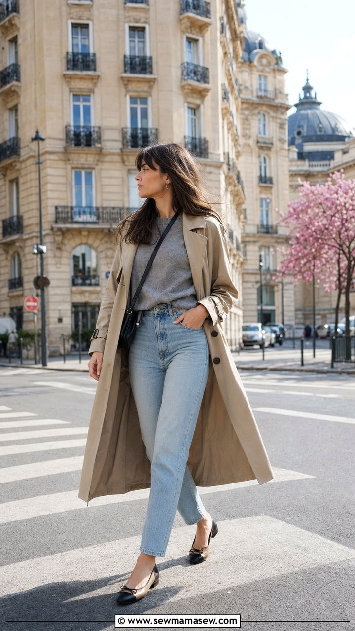 Gray Sweater With Trench Coat Light Wash Jeans and Cap Toe Flats - 35 Parisian spring outfit ideas