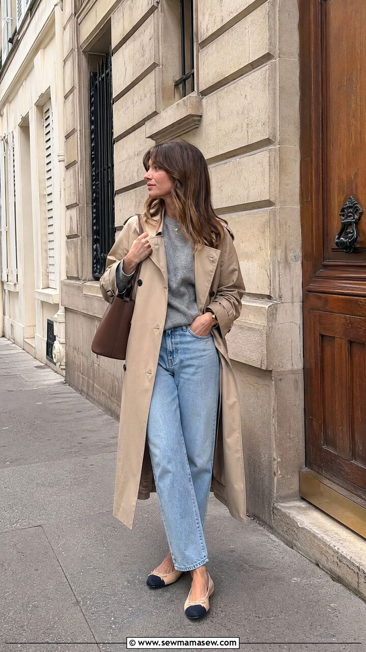 Gray Sweater With Trench Coat and Cap Toe Ballet Flats - 35 spring french girl outfit ideas