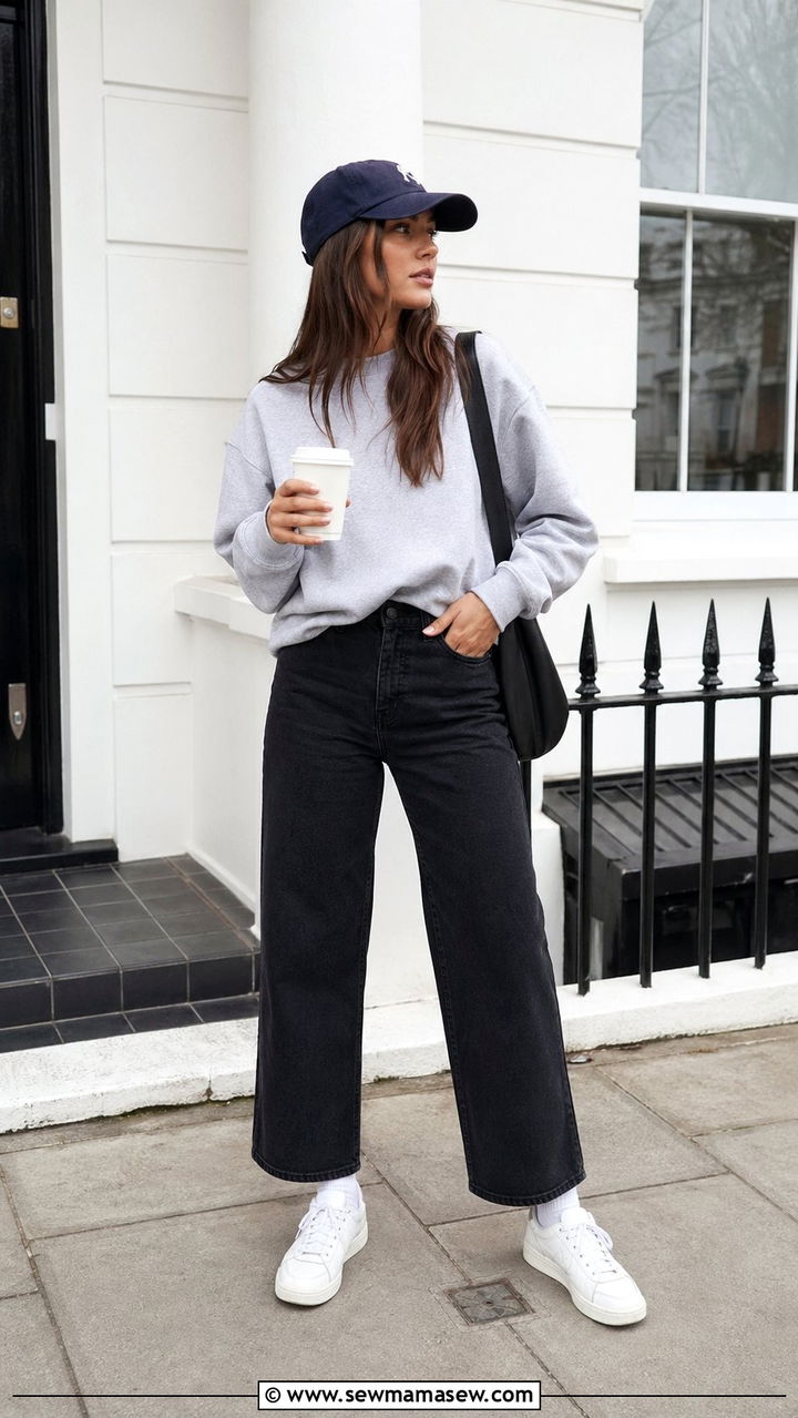 Gray Sweatshirt and Black Wide Leg Denim With Baseball Cap - 35 Normcore outfit ideas