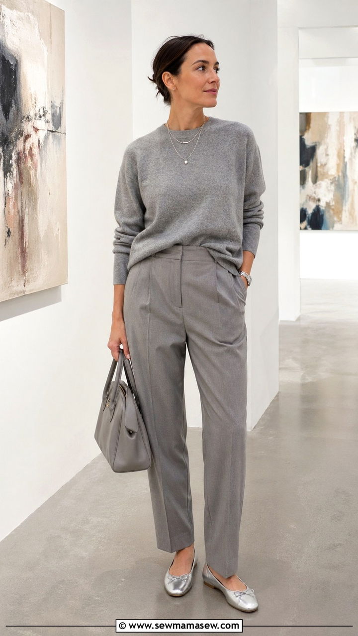 Gray Tailored Trousers With Silver Flats And Jewelry - 30 spring gray outfit ideas