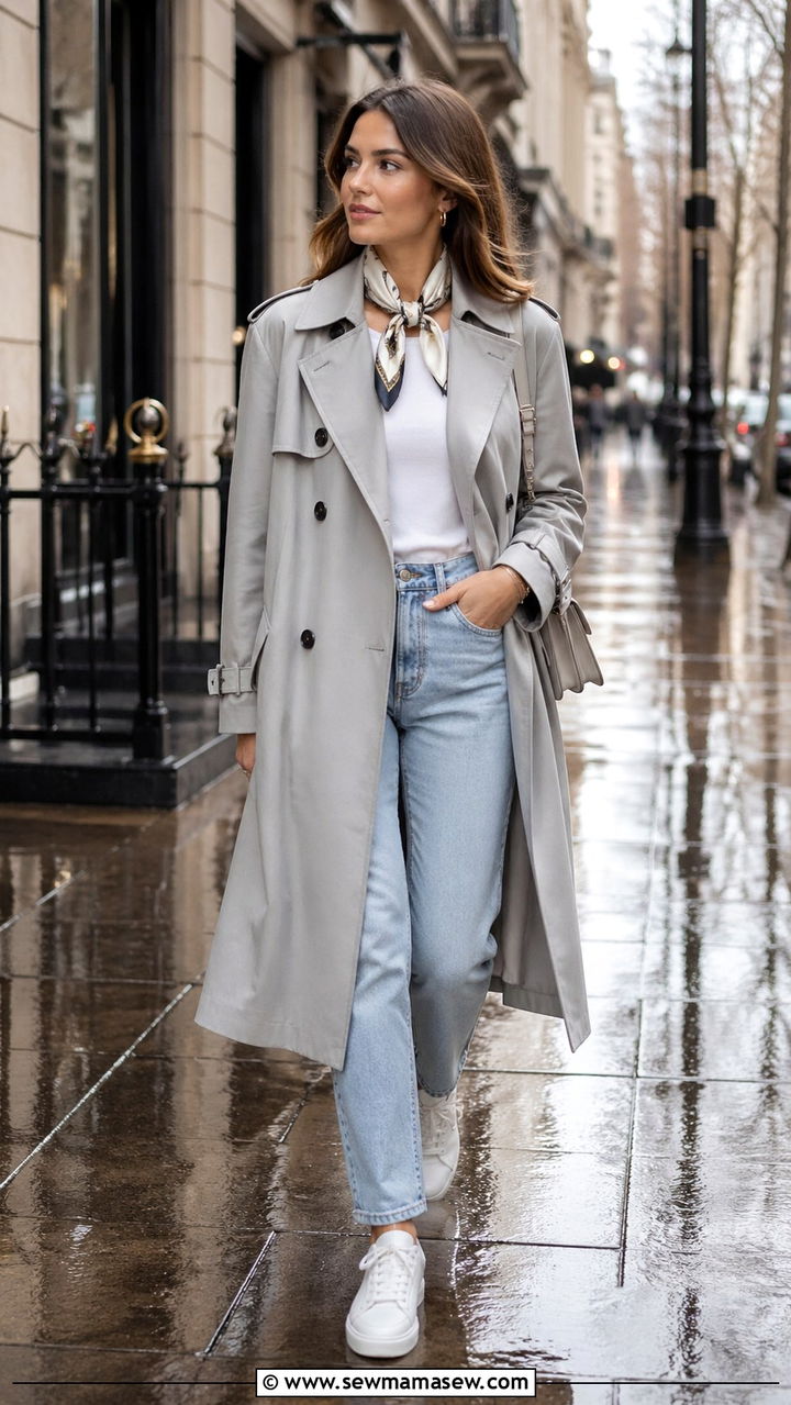 Gray Trench Coat With Light Wash Jeans - 30 spring gray outfit ideas