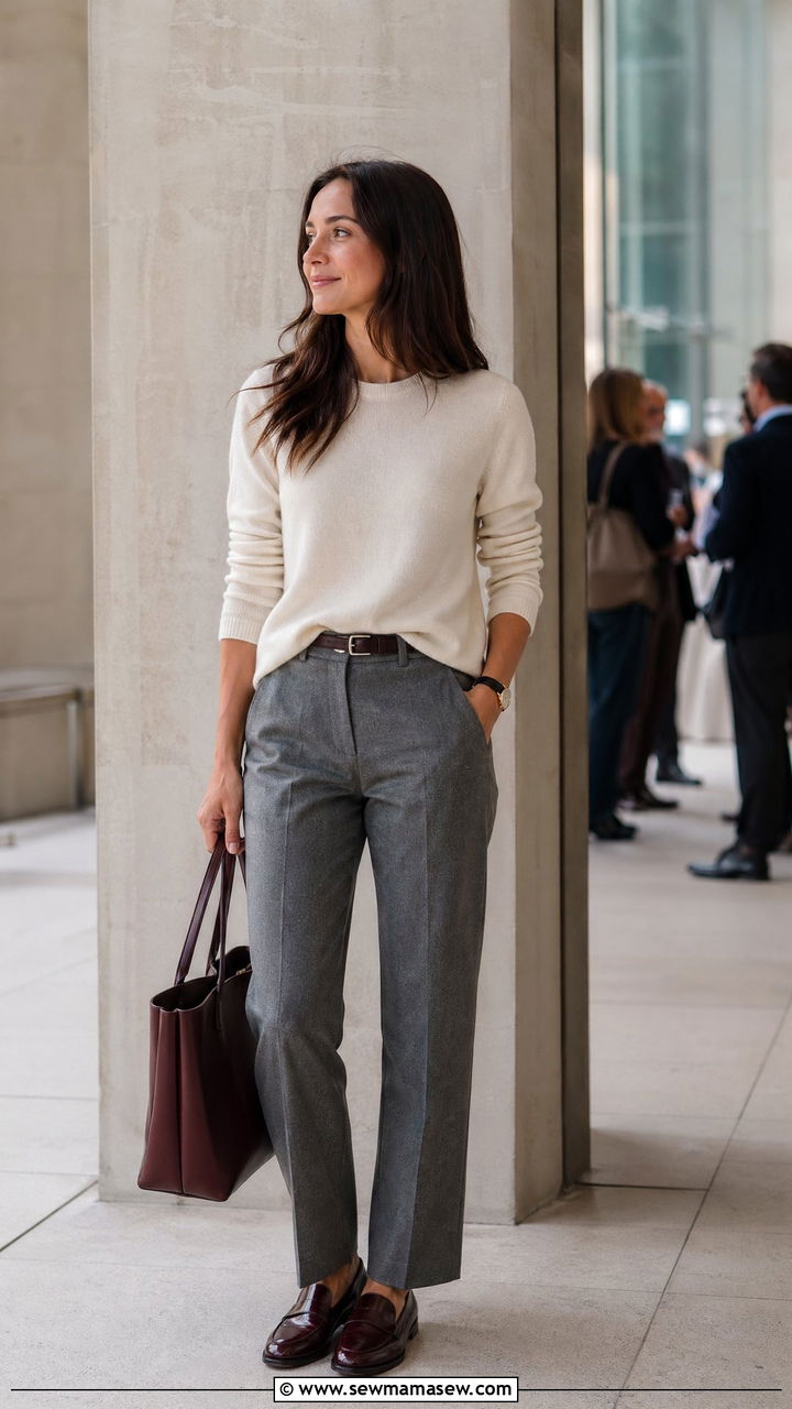 Gray Trousers With Cashmere Crewneck Sweater - 35 Work conference outfit ideas