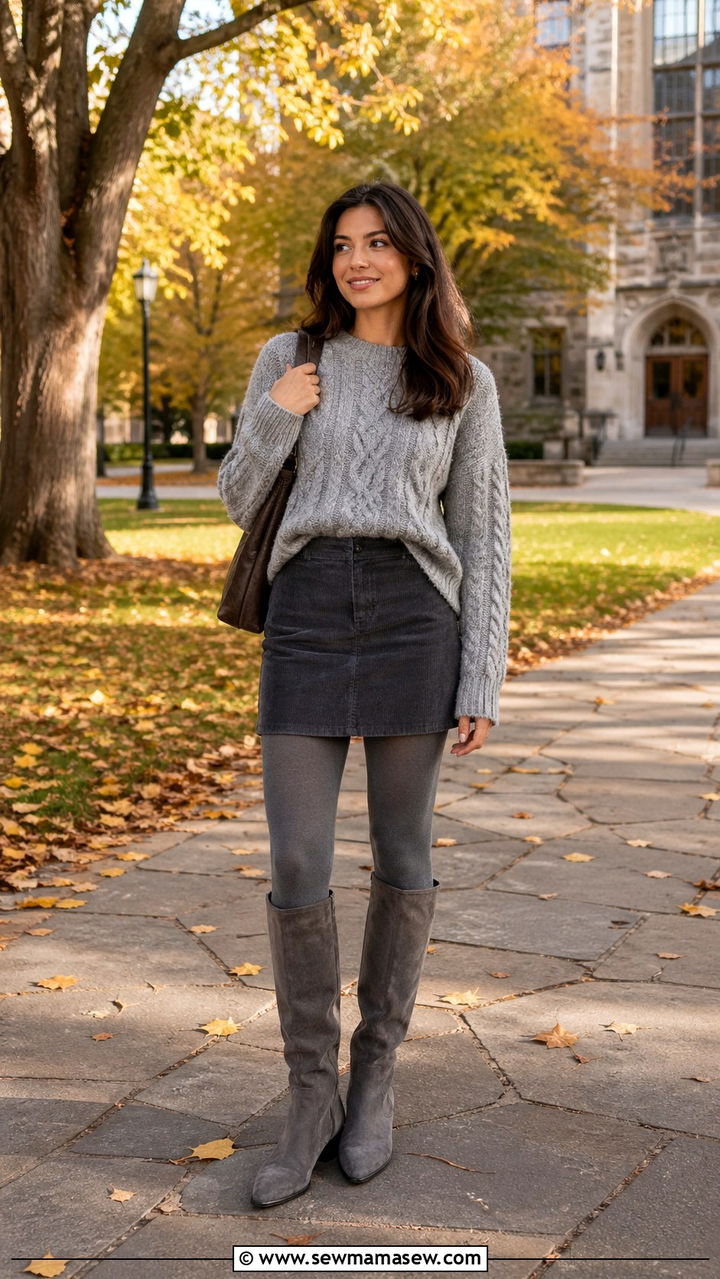 Gray cable knit sweater and corduroy skirt outfit - 40 All gray outfit ideas