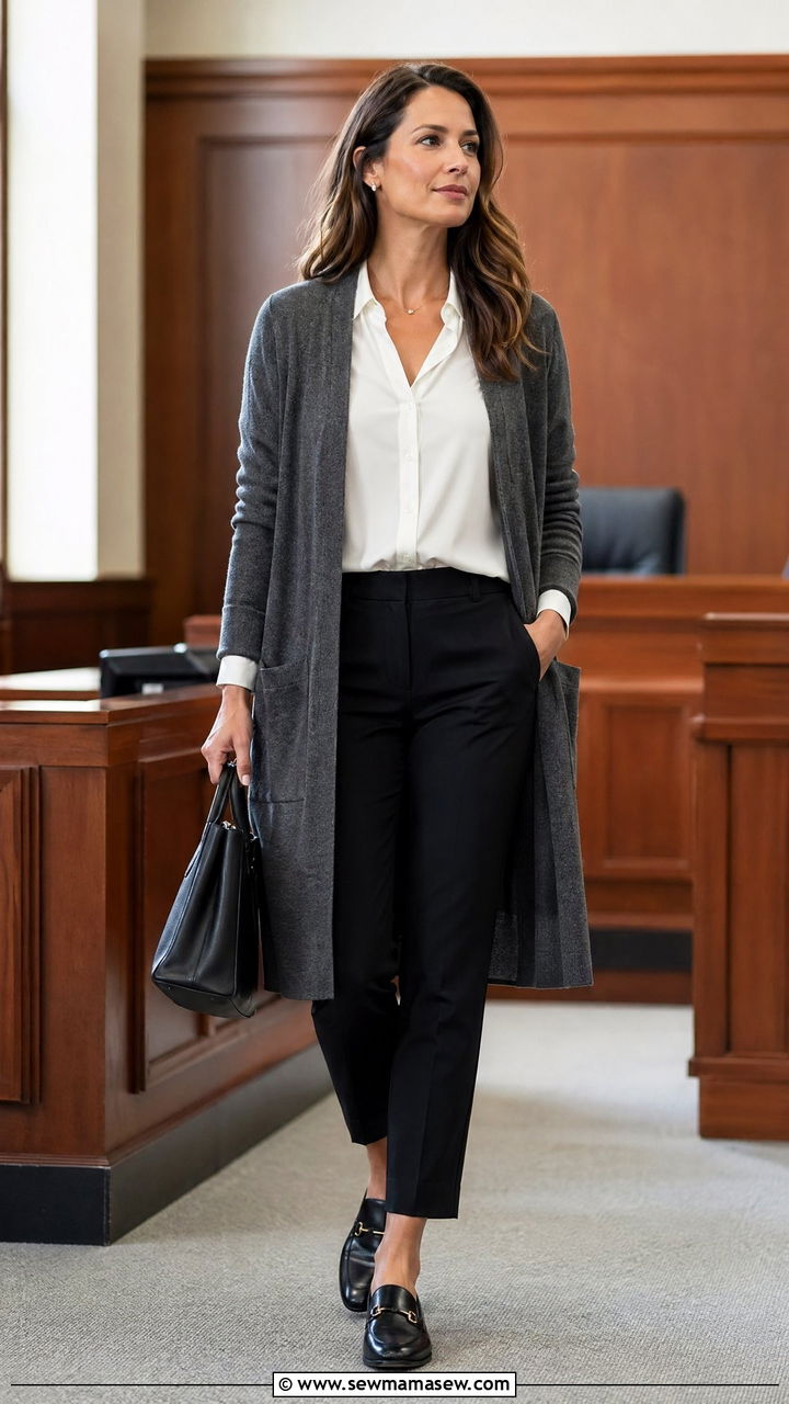 Gray cardigan with white blouse and black trousers - 35 Courtroom outfit ideas for women