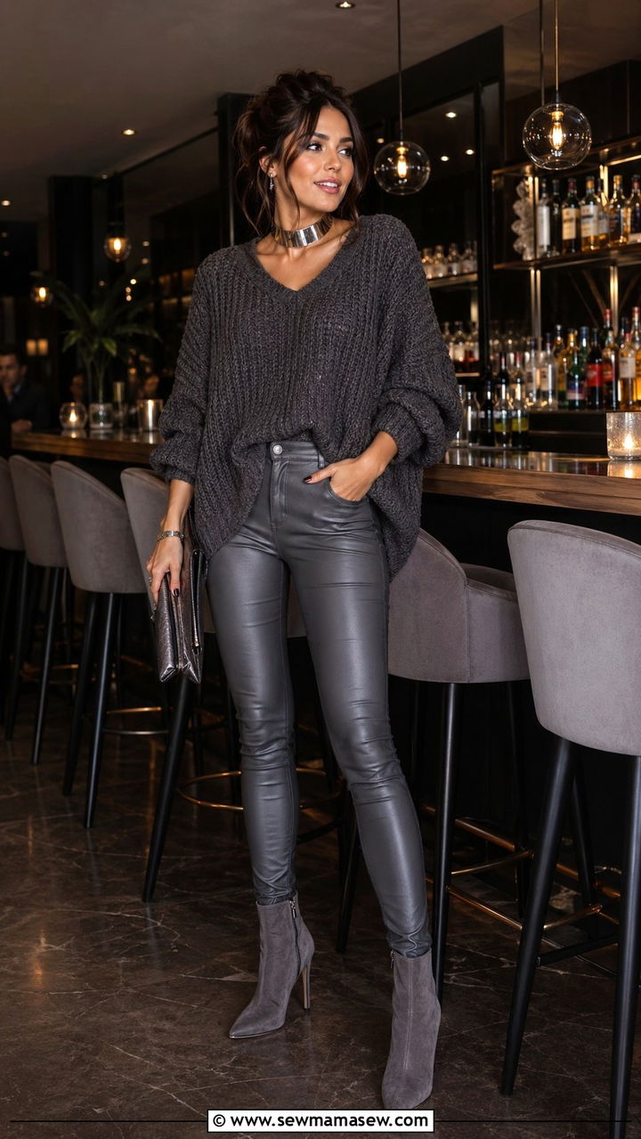 Gray chunky knit sweater and faux leather pants outfit - 40 All gray outfit ideas