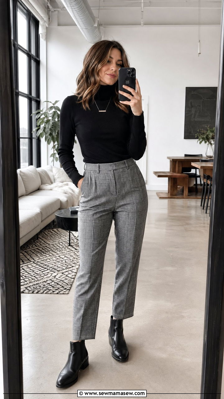Gray glen plaid trousers and a black turtleneck - 35 what to wear to a job interview