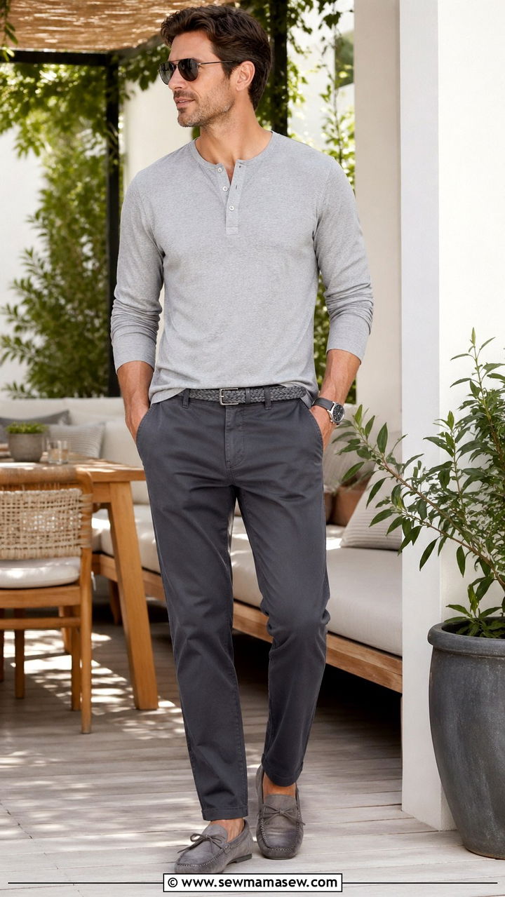 Gray henley shirt and chino pants outfit - 40 All gray outfit ideas