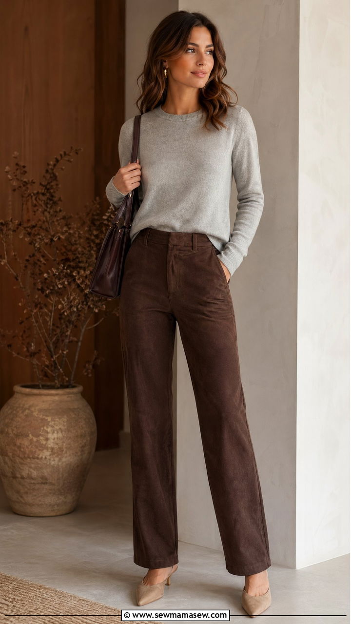 Gray knit with brown suede trousers - 35 chic outfit ideas for women