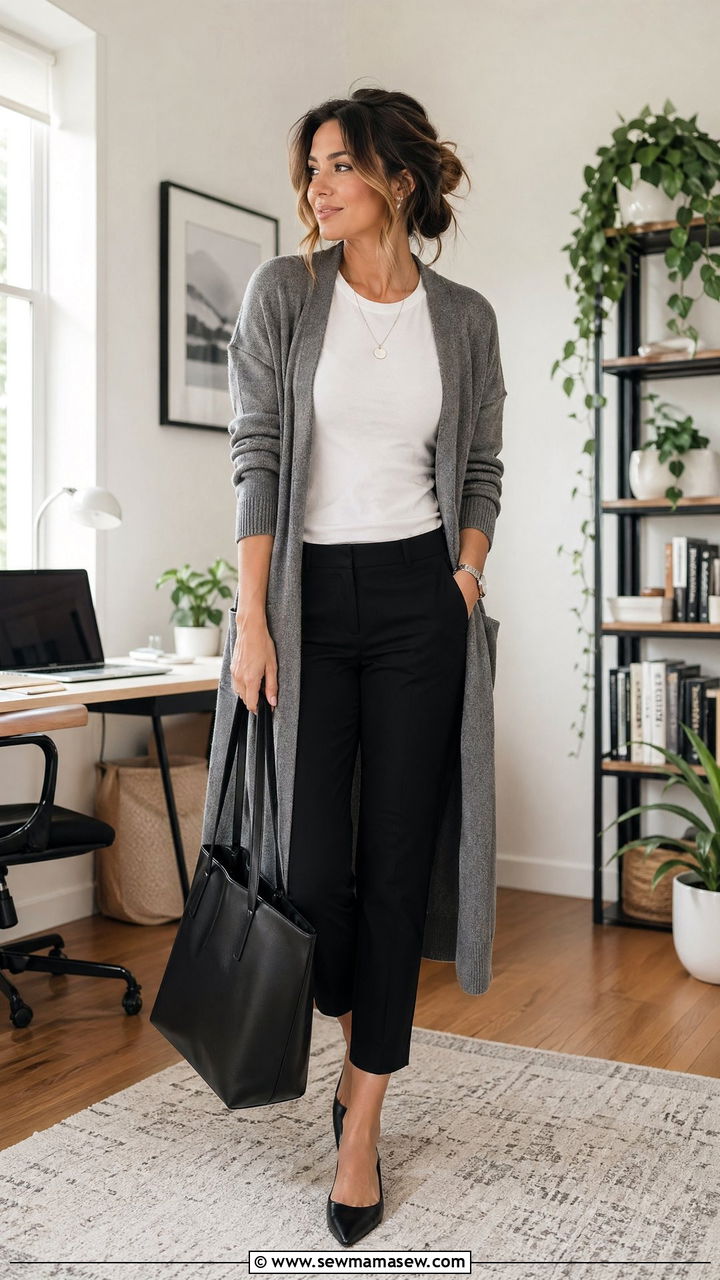 Gray long cardigan with a white tee and black cropped trousers - 35 Consultant outfit ideas
