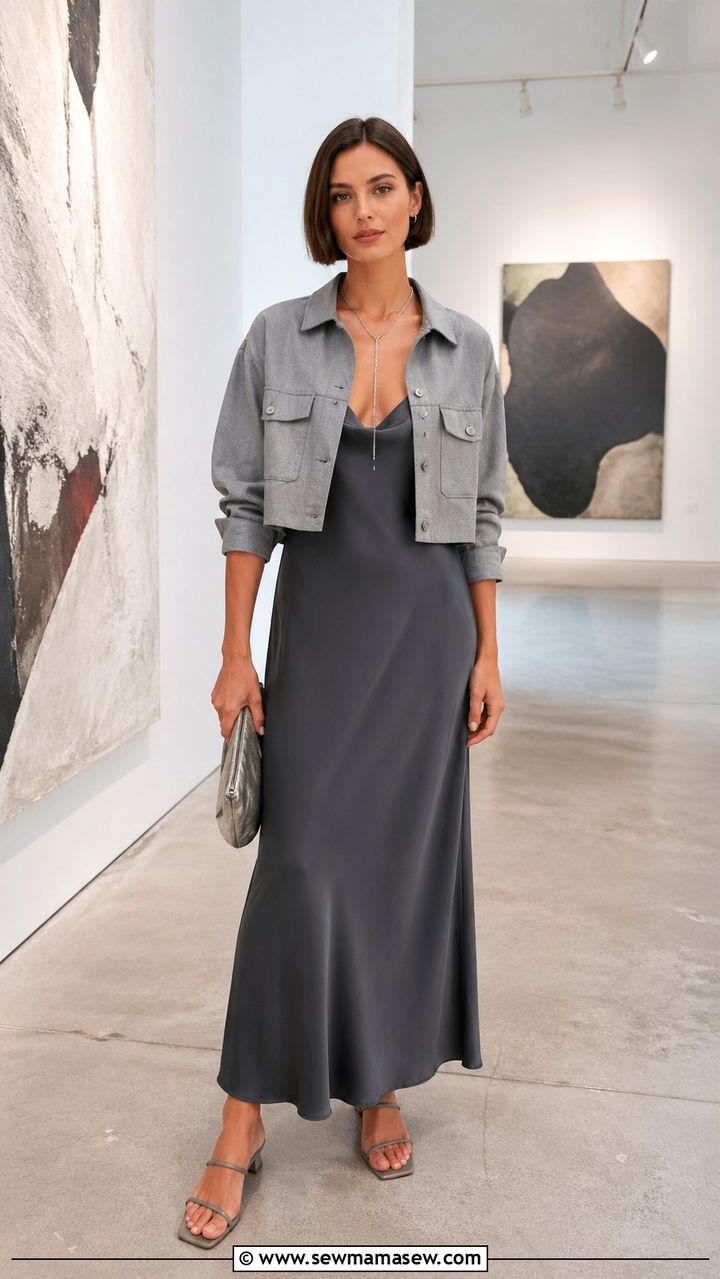 Gray slip dress and cropped shirt jacket outfit - 40 All gray outfit ideas
