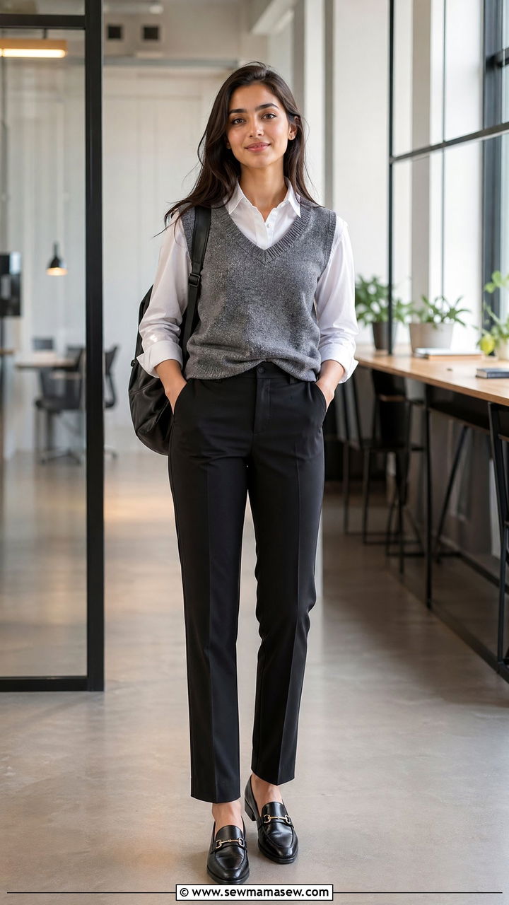 Gray sweater vest with white shirt and black trousers interview outfit - 35 spring interview outfit ideas