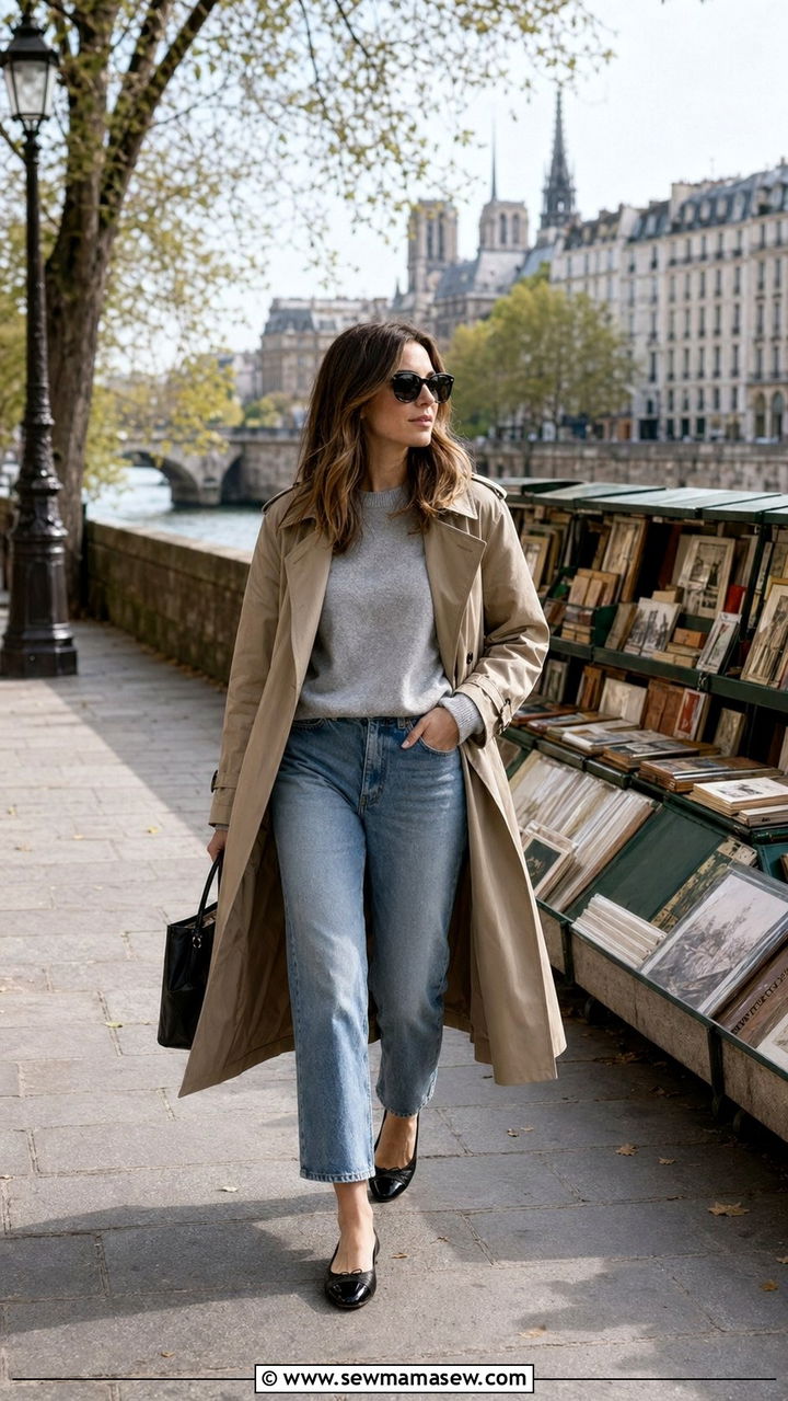 Gray sweater with a trench coat and cropped jeans - 35 Paris spring outfit ideas