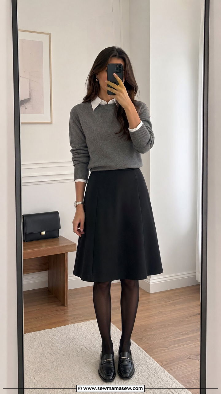 Gray sweater with white collar and black skirt - 35 Courtroom outfit ideas for women