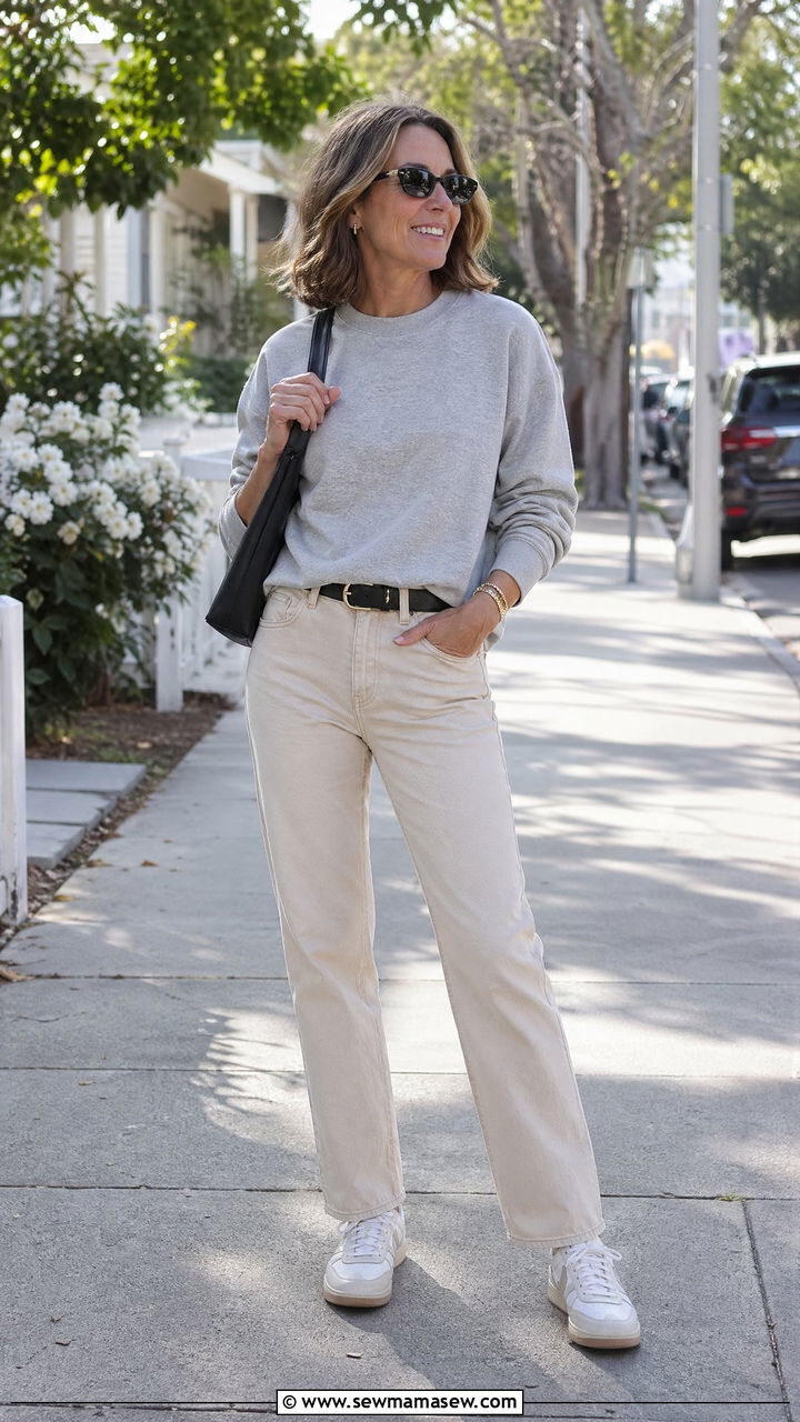Gray sweatshirt and beige denim jeans - 35 Casual outfits for women over 40