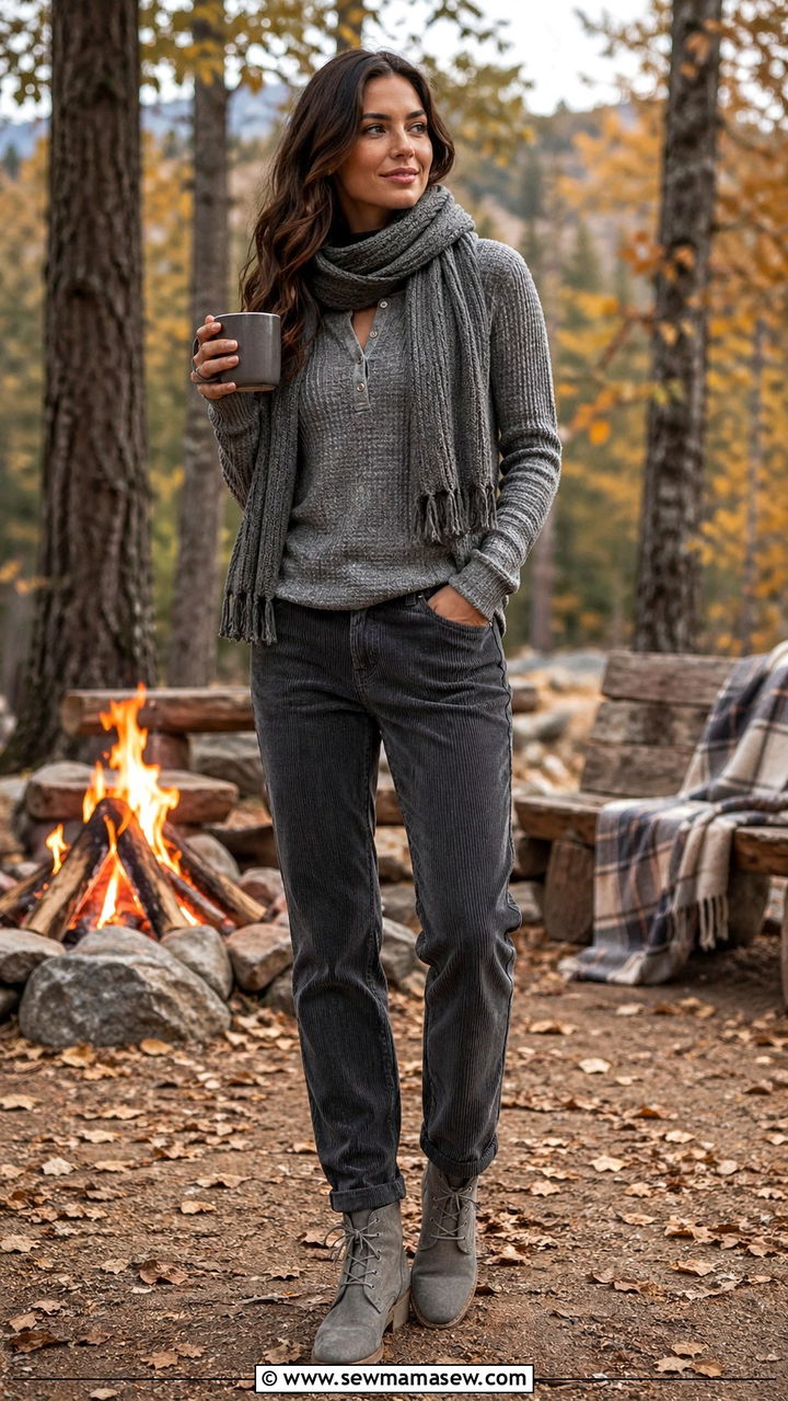 Gray thermal henley and corduroy pants outfit - 40 All gray outfit ideas