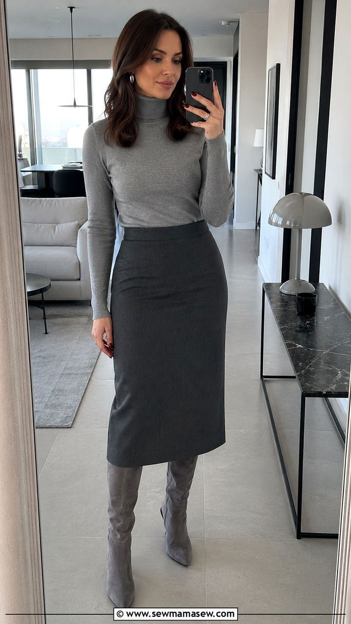 Gray turtleneck and midi skirt outfit - 40 All gray outfit ideas