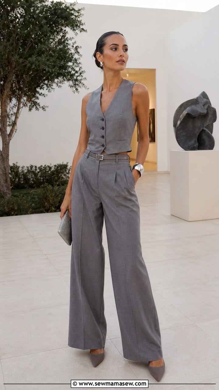 Gray vest and wide leg pants outfit - 40 All gray outfit ideas