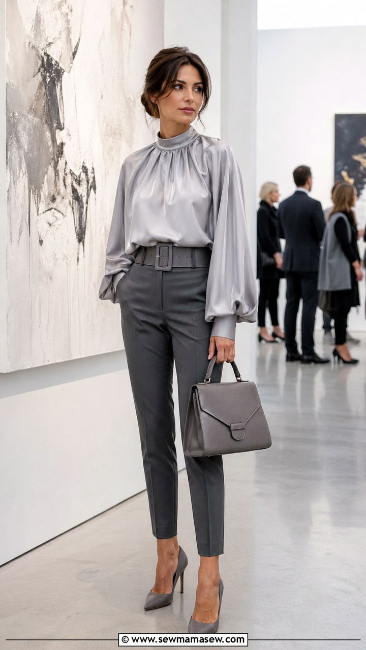 Gray voluminous sleeve blouse and tailored trousers outfit - 40 All gray outfit ideas