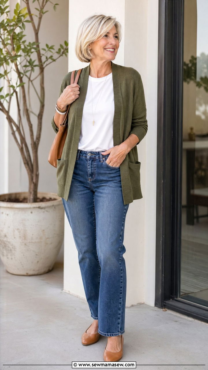 Green Cardigan With Classic Blue Jeans - 35 Spring outfits for women over 60