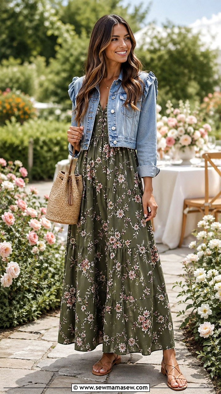 Green Floral Maxi Dress And Denim Jacket - 40 All green outfit ideas