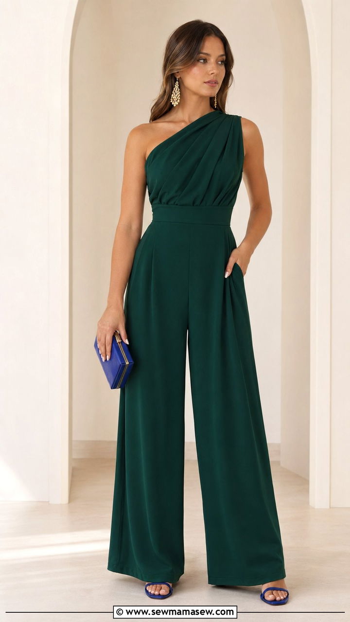 Green Jumpsuit with Blue Heeled Sandals - 30 Blue and green outfit ideas