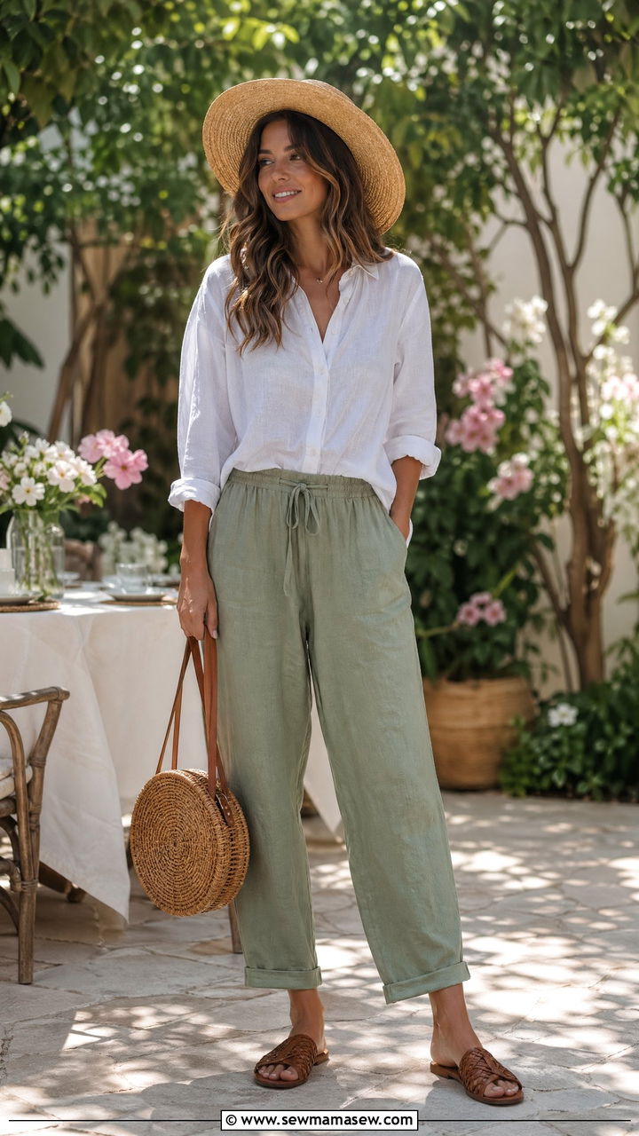 Green Linen Pants With White Linen Shirt - 35 cute linen pants outfits