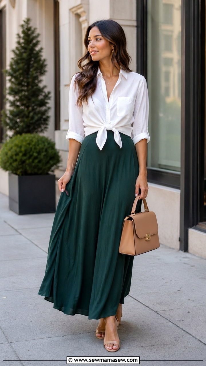 Green Maxi Skirt With Button Down Shirt - 30 spring maxi skirt outfit ideas