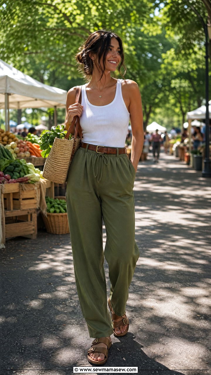 Green Track Pants With White Tank Top - 35 track pants outfit ideas