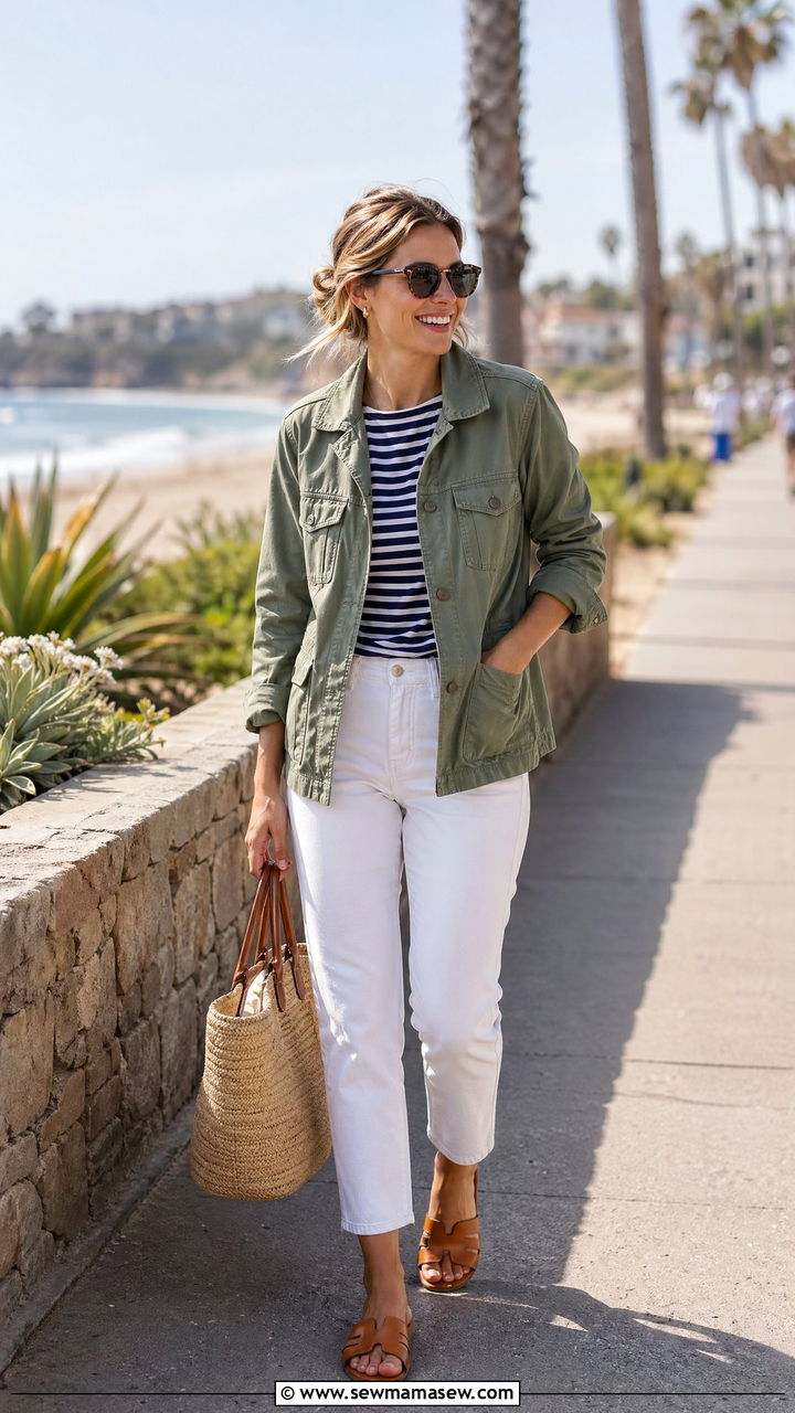 Green Utility Jacket With Striped Breton Top And White Jeans - 35 Utility jacket outfit ideas