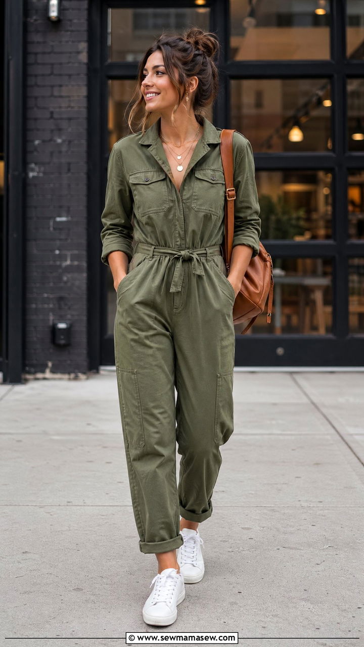 Green Utility Jumpsuit With Gold Jewelry and White Sneakers - 35 Uptown girl outfit ideas
