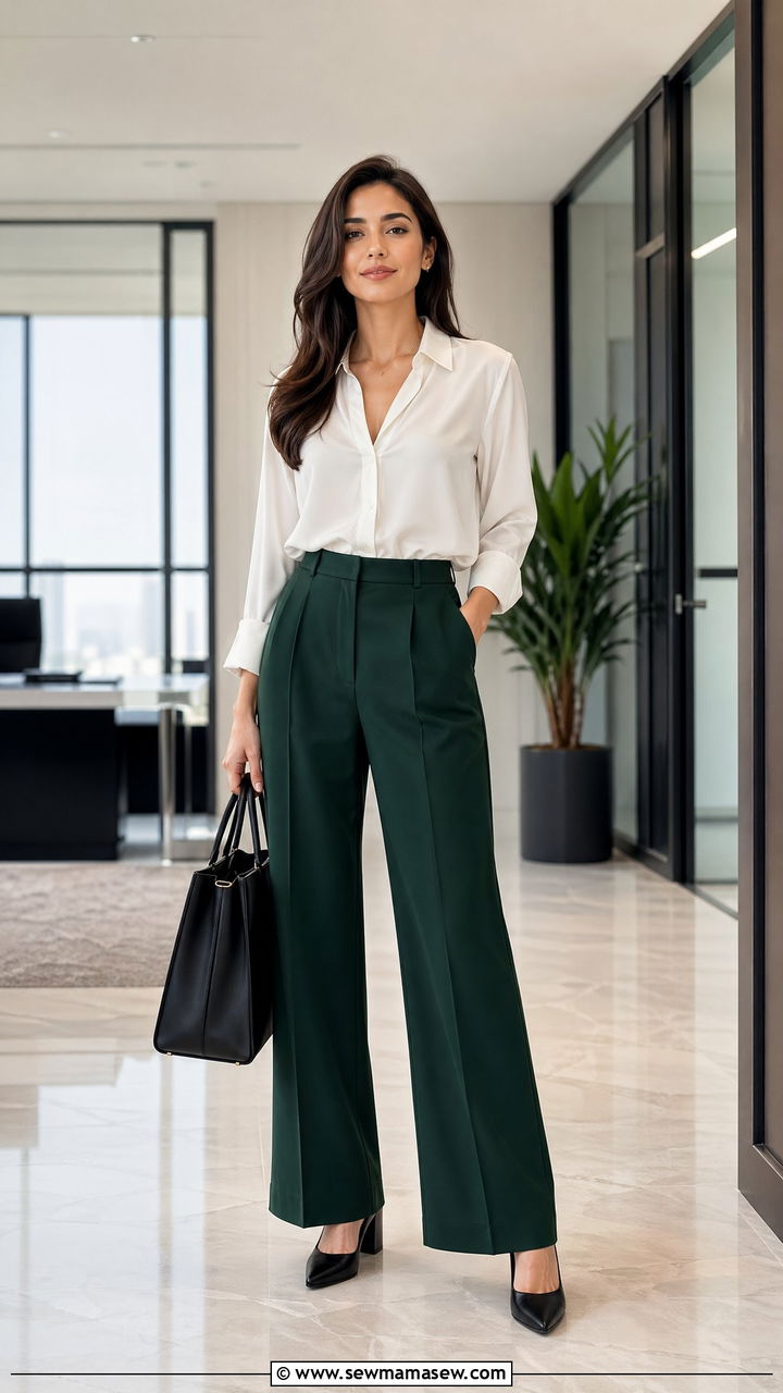 Green wide leg suit pants with white blouse interview outfit - 35 spring interview outfit ideas