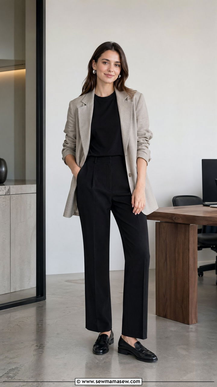 Greige Blazer and Black Crepe Trousers - 35 summer business casual outfit ideas
