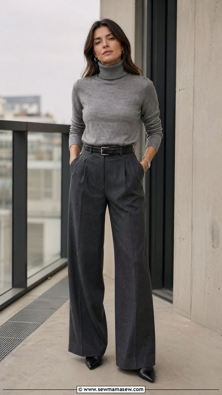 Grey Cashmere Turtleneck With Charcoal Wide Leg Trousers - 35 classy quiet luxury outfits